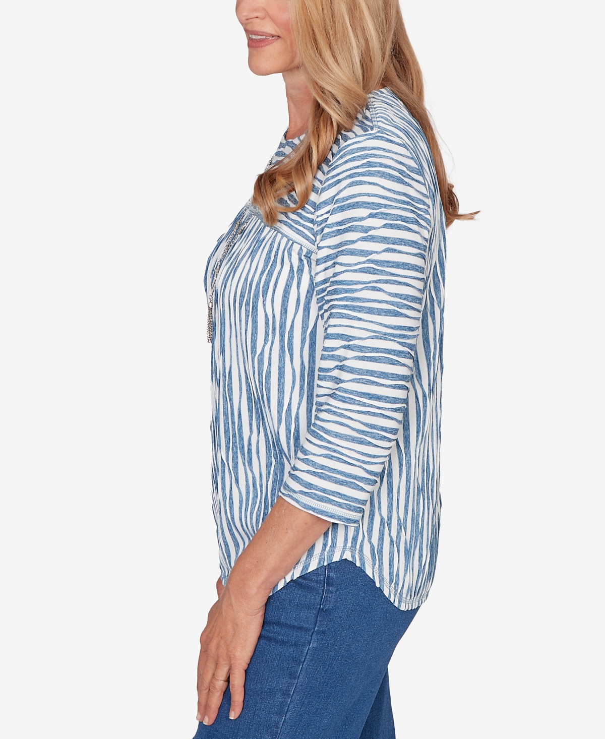 Alfred Dunner Petite Austin Novelty Spliced Textured Top with Necklace