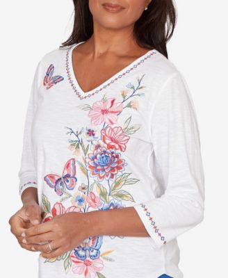 Petite The Royal Treatment Floral Butterfly Embroidered V-Neck Top