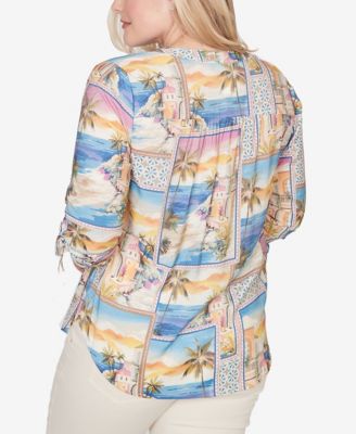 Petite Beachcomber Postcard Print Tie Sleeve Henley Top