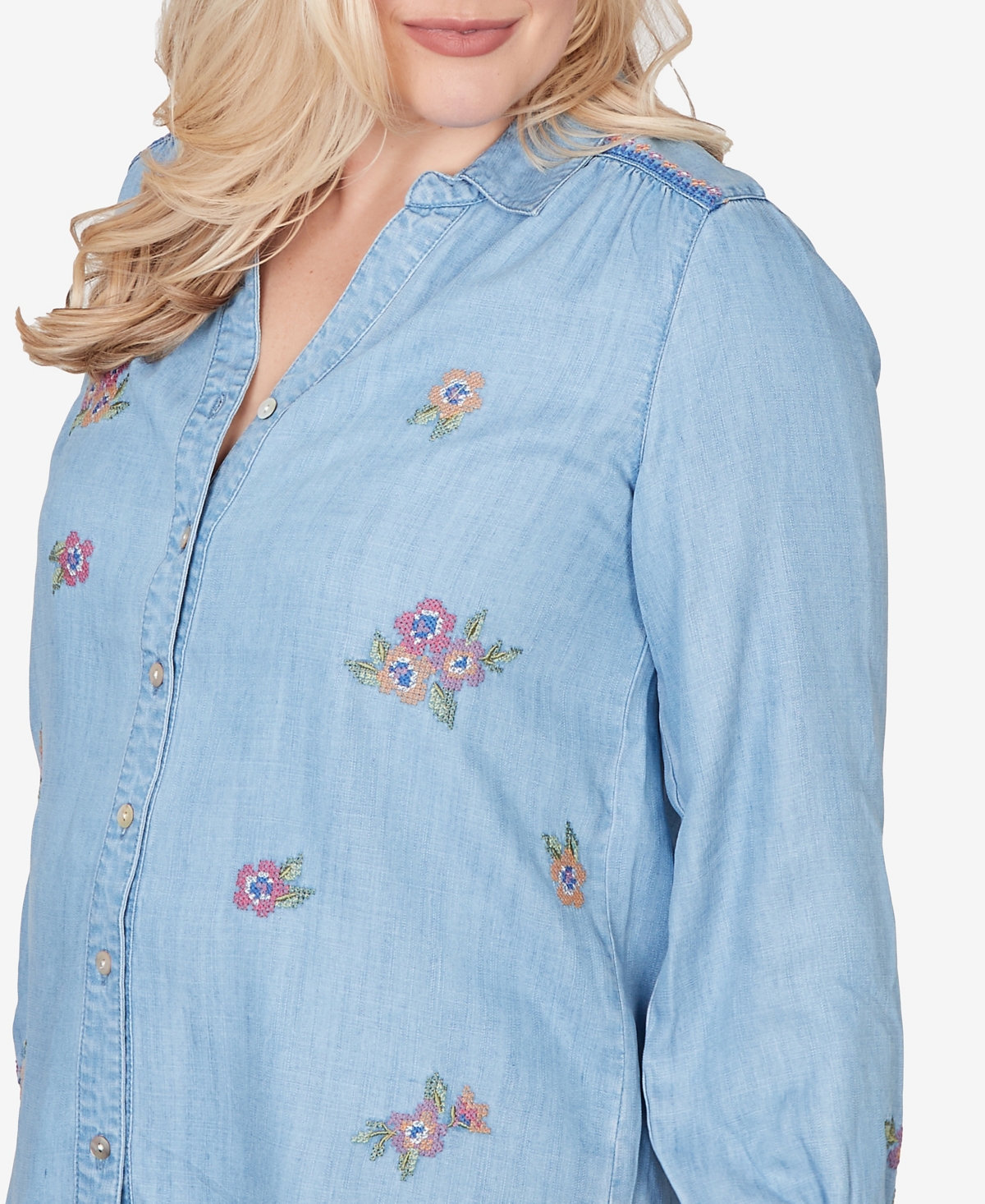 Alfred Dunner Petite Beachcomber Floral Embroidered Button Front Top