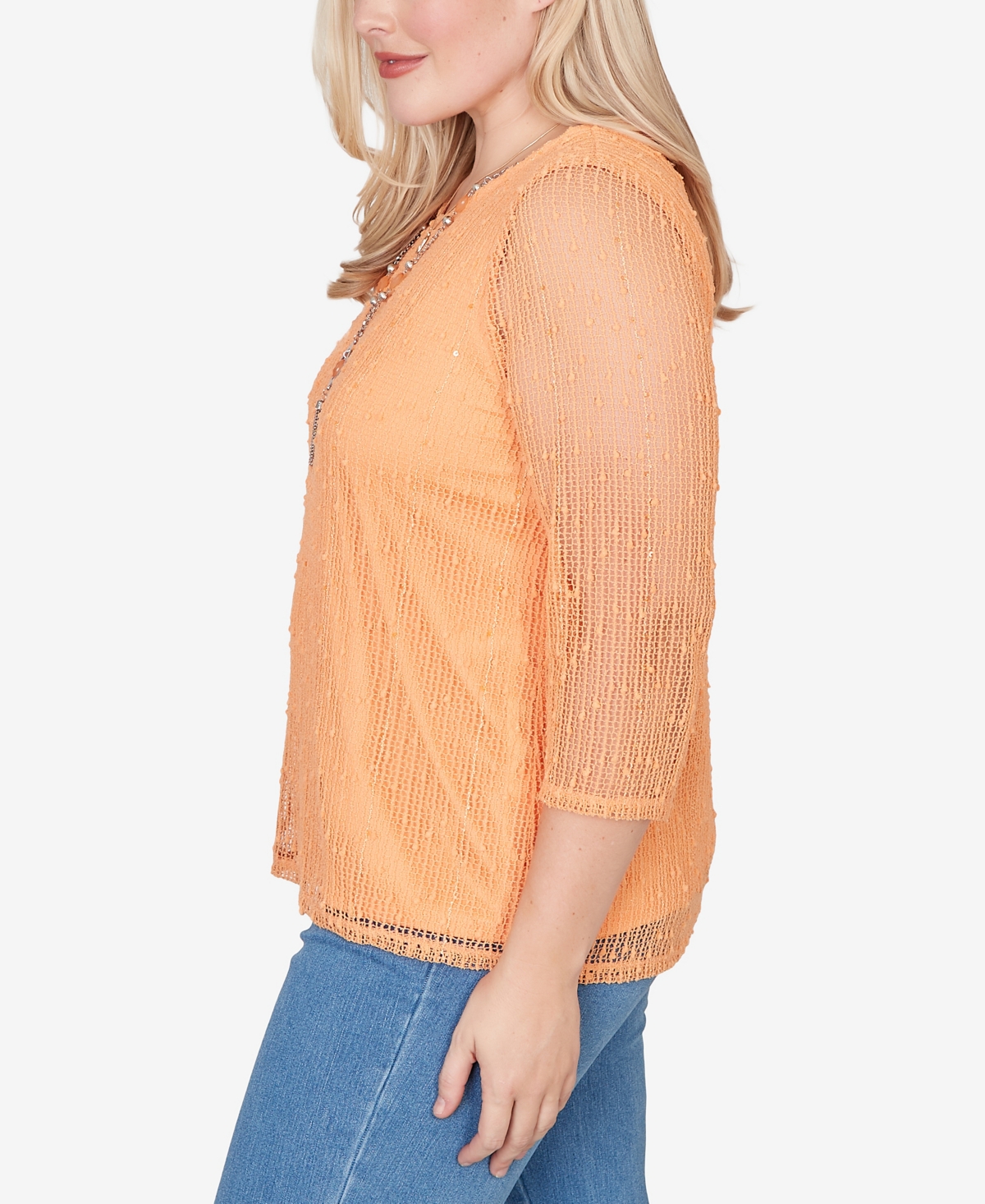 Alfred Dunner Petite Beachcomber Bright Popcorn Mesh Top with Necklace