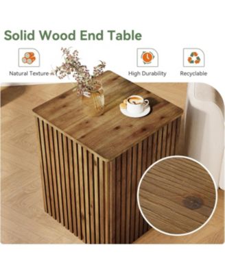 Solid Wood Square End Table with Storage, Fluted Side Table for Living Room, Mid-Century Modern Bedside Nightstand with Removable Lid