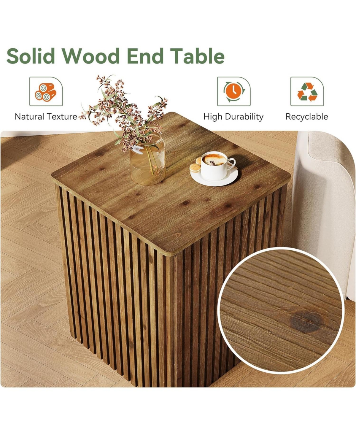 Tribesigns Solid Wood Square End Table with Storage, Fluted Side Table for Living Room, Mid-Century Modern Bedside Nightstand with Removable Lid