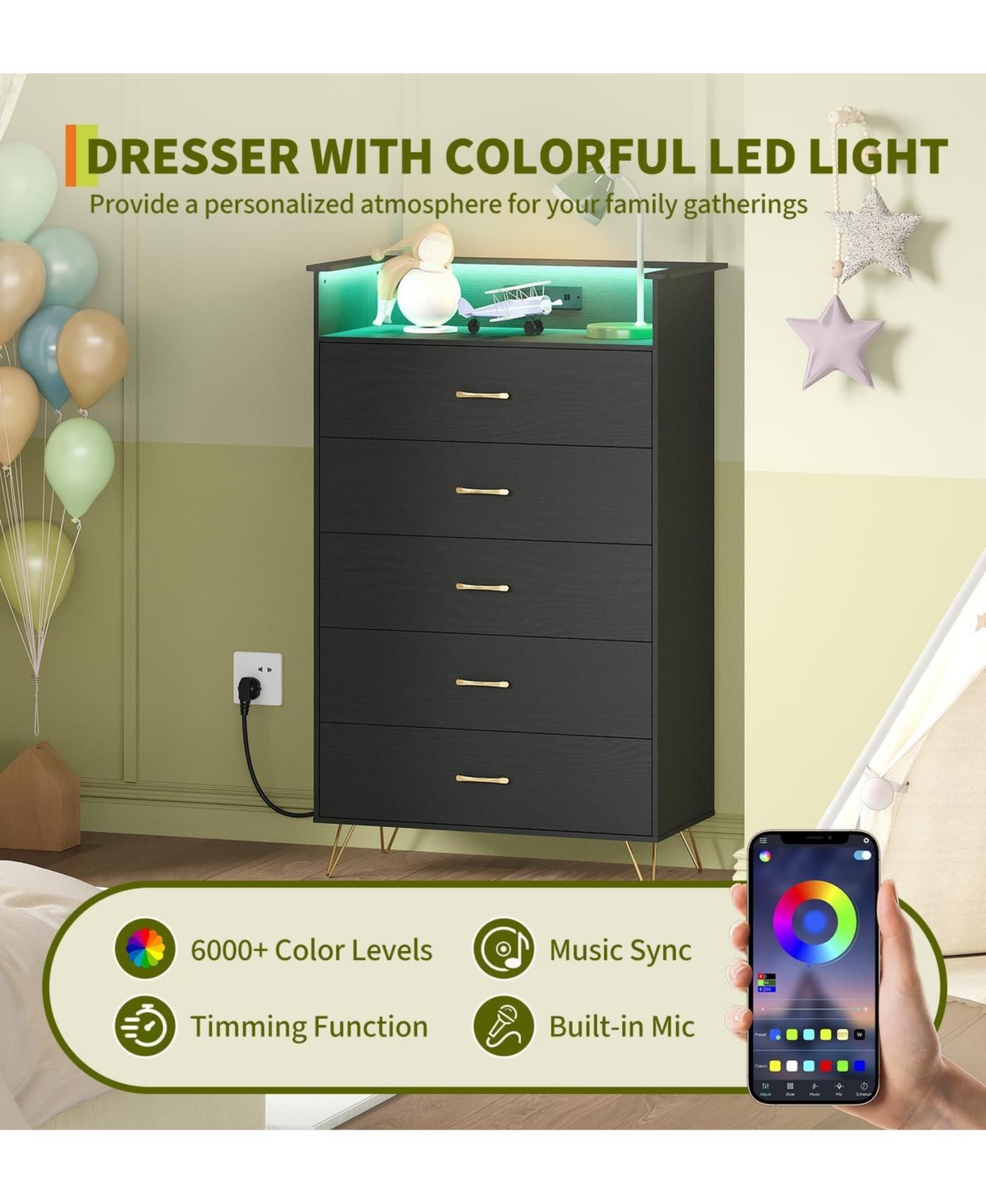 gaomon Modern 5-Drawer Tall Dresser for Bedroom, Wood Chest of Drawers with Silent Closing Slides, Water-Resistant White Storage Organizer