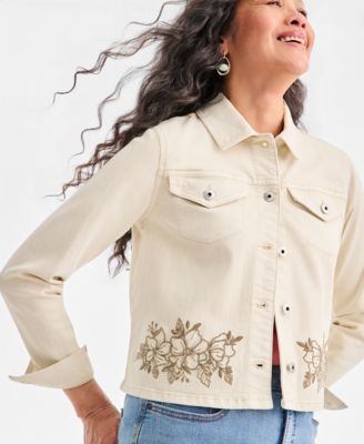 Petite Cropped Embroidered Denim Collared Jacket
