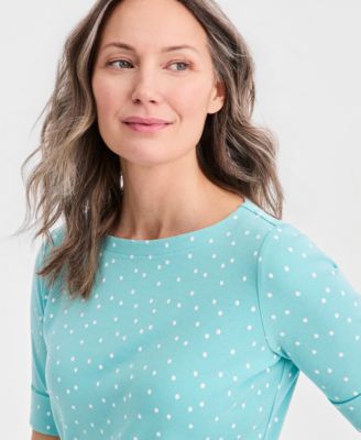 Women's Printed Boat-Neck Elbow-Sleeve Top