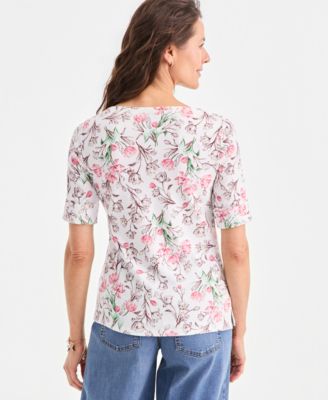 Women's Printed Boat-Neck Elbow-Sleeve Top