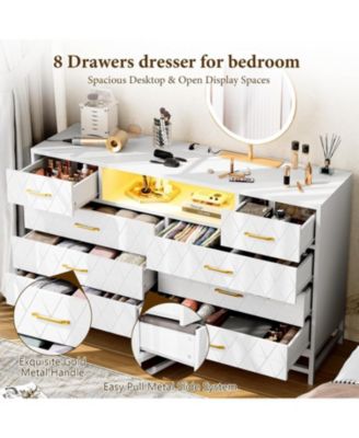 8 Drawer Dresser for Bedroom, Pink Dresser with Led Light, 55 Inch Tv Stand Dressers with Power Outlet