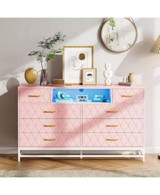 8 Drawer Dresser for Bedroom, Pink Dresser with Led Light, 55 Inch Tv Stand Dressers with Power Outlet