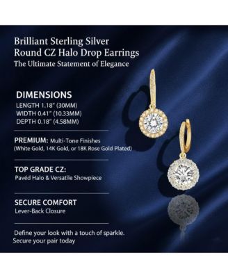 Brilliant Sterling Silver Round CZ Haloed Solitaire Drop Earrings