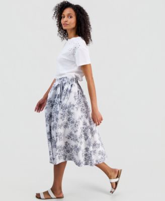 Women's Cotton Toile Elastic-Waist Midi Skirt