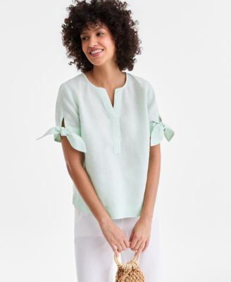 Women's 100% Linen Split-Neck Tie-Cuff Top