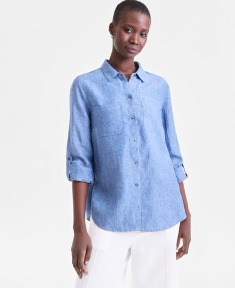 Женская рубашка Charter Club Petite 3/4-Sleeve Roll-Tab Linen, цвет: Синий океанский