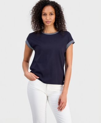 Women's Striped-Trim Dolman-Sleeve T-Shirt