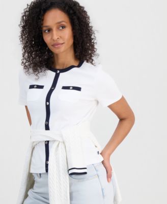 Women's Cotton Cardigan-Look Short-Sleeve Knit Top