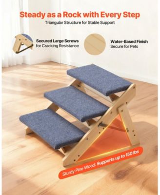 3-Step Wooden Pet Stairs for Bed, Sofa, or Car, Foldable Flat Design, 150 lb Capacity