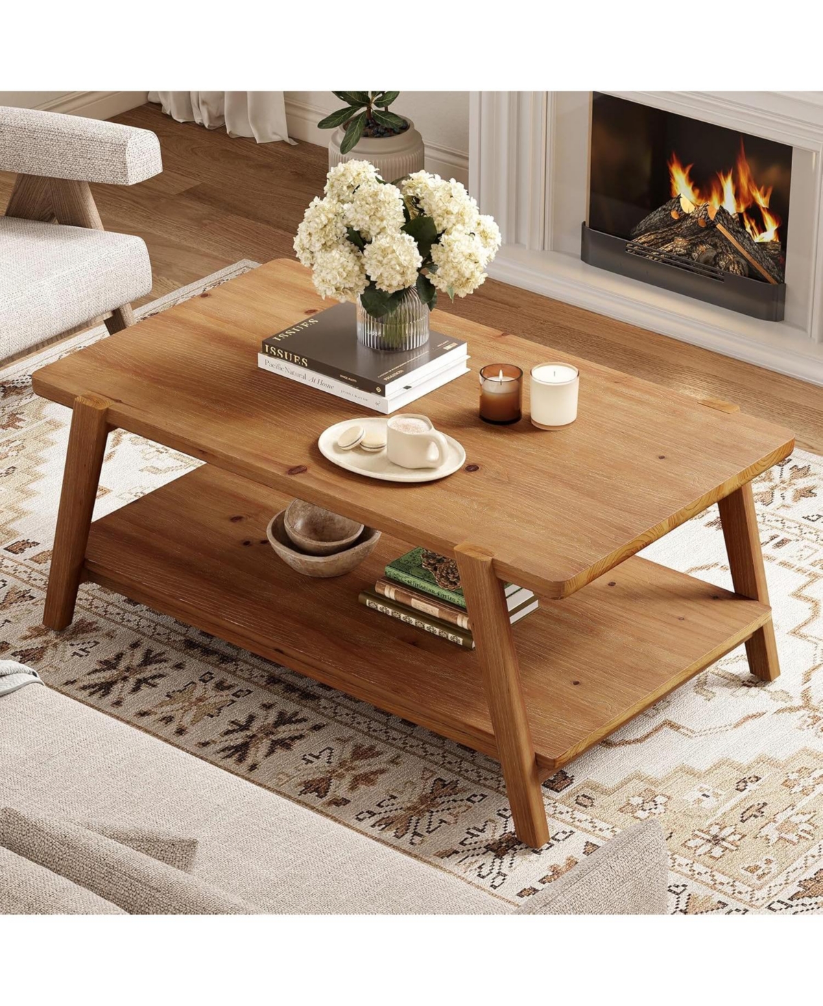 Tribesigns 47-Inch Solid Wood Coffee Table, 2-Tier Farmhouse Rectangular Accent Center Cocktail Tea Table with Storage, Rustic Brown