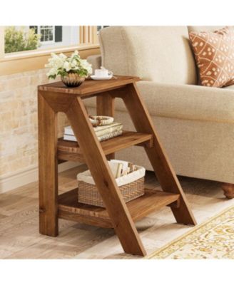 Solid Wood End Table, 3-Tier Farmhouse Side Table with Open Storage Shelves, Rustic Nightstand for Living Room, Brown