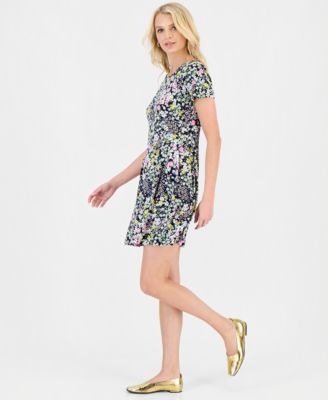 Petite Floral-Print Pintuck Short-Sleeve Dress