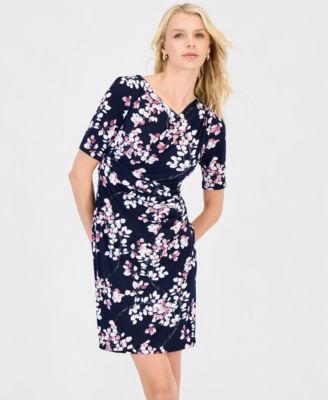 Petite Floral Faux-Wrap Elbow-Sleeve Dress