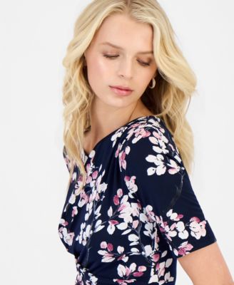 Petite Floral Faux-Wrap Elbow-Sleeve Dress