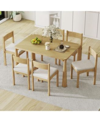 Retro 7-Piece Dining Set for 6 with Upholstered Chairs (Natural Wood