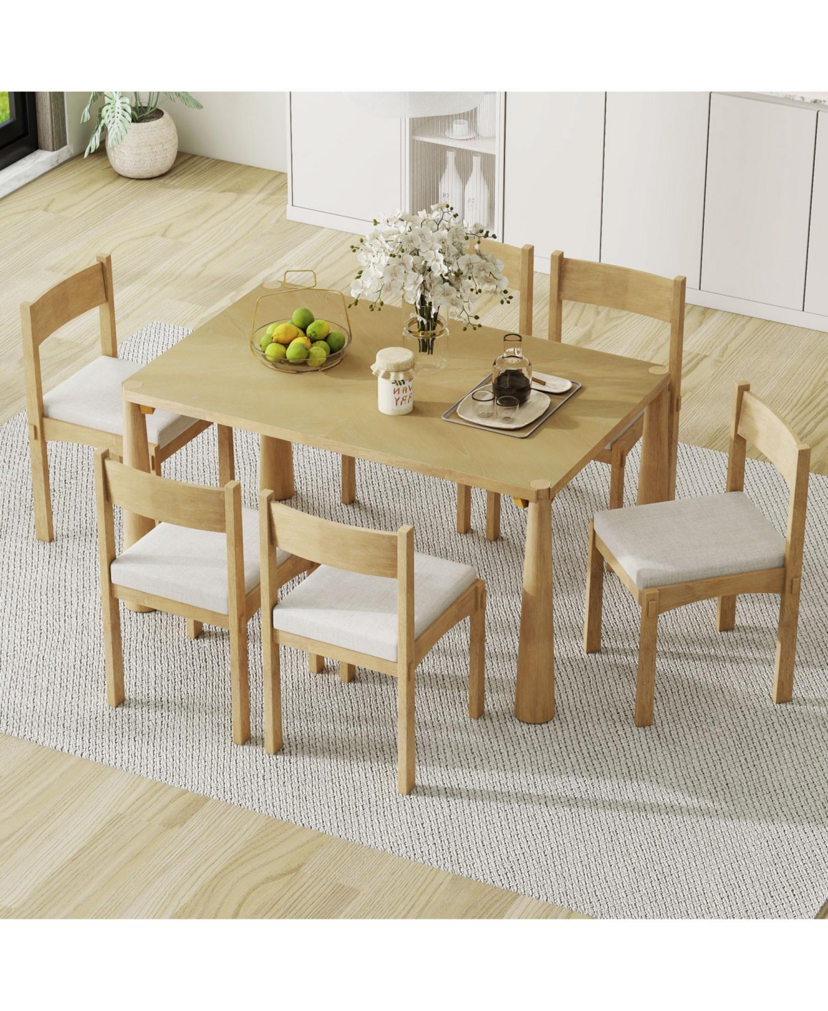 Streamdale Furniture Retro 7-Piece Dining Set for 6 with Upholstered Chairs (Natural Wood