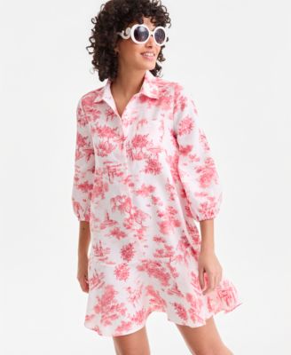 Women's 100% Linen Button-Front 3/4-Sleeve Dress