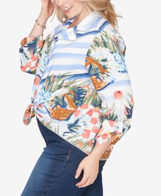 Plus Size Picnic Print Poplin Tied Snap Front Top