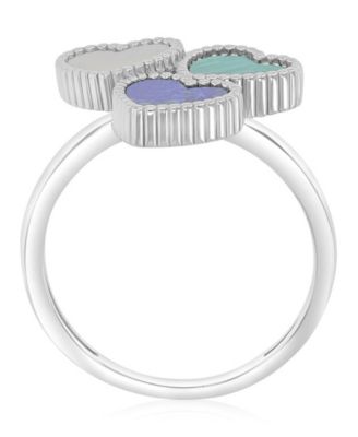 Malachite (0.8 ct. t.w.) Lapis & Imitation Pearl Tri-Hearts Ring Set in Rhodium Over Sterling Silver