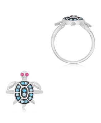 London Blue Topaz (0.58 ct. t.w.) & Ruby (0.1 ct. t.w.) Sea Turtle Ring in Rhodium Over Sterling Silver