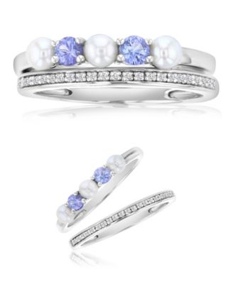 Diamond (0.069 ct. t.w.) Imitation Pearl & Tanzanite Stackable Band Ring Set in Rhodium Over Sterling Silver