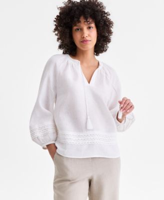 Women's 100% Linen Crochet-Trim Tie-Neck Top