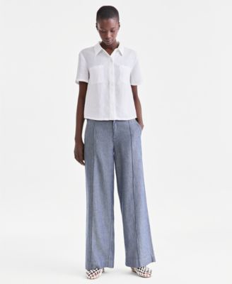 Women's 100% Linen Woven Pleated Wide-Leg Pants