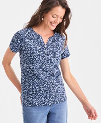Women's Printed Short-Sleeve Henley Top