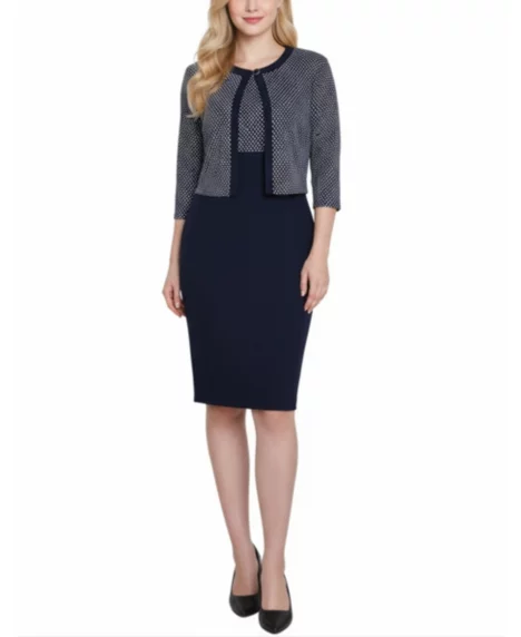 Petite 3/4 Sleeve Jacket and Dress Set - Navy Ivory Dot