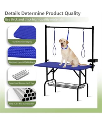 47" Large Dog Grooming Table: Foldable Adjustable Height Pet Station with Arms, Nooses & Mesh Tray, Blue