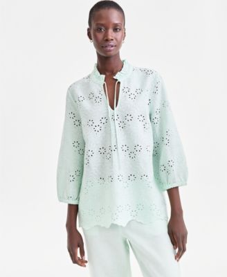 Women's 100% Linen Eyelet-Embroidered Blouson-Sleeve Top