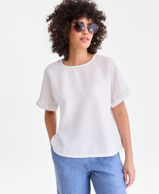 Women's 100% Linen Eyelet-Trim Short-Sleeve Top