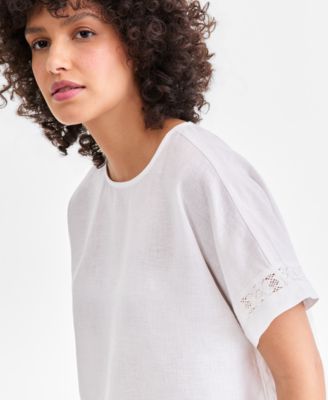 Women's 100% Linen Eyelet-Trim Short-Sleeve Top