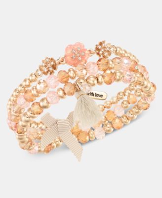 Colored Stone 3 Row Flower Beaded Stretch Bracelet