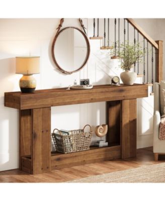 63-Inch Entryway Table, Farmhouse Solid Wood Console Table with U-Shaped Base, 2-Tier Narrow Long Sofa Table Behind The Couch