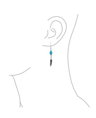 Southwestern Style Turquoise Bead & Feather Leaf Dangle Earrings Oxidized sterling Silver Lever back