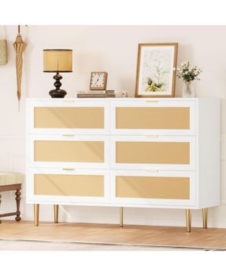 Rattan 6 Drawer Dresser for Bedroom, Modern Chest of Drawers with Gold Legs and Gold Handles, Wide Double Dresser with Large Tabletop