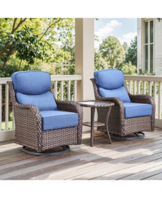 3-Piece Wicker Patio Conversation Set with Crescent Swivel Glider Chairs, Olefin 6-Inch Thick Cushions, and End Table