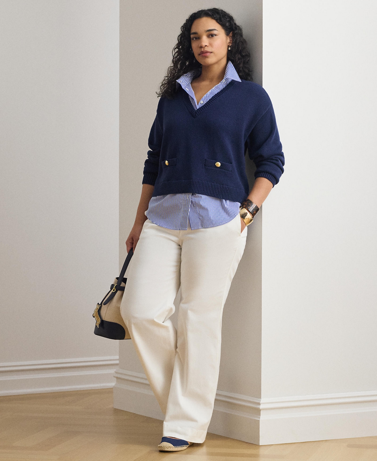 Lauren Ralph Plus Layered Button-Trim Cotton V-Neck Sweater