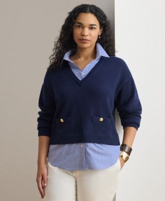 Plus Size Layered Button-Trim Cotton V-Neck Sweater