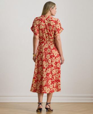 Plus Size Floral Belted Crepe Collared Neck Maxi Dress