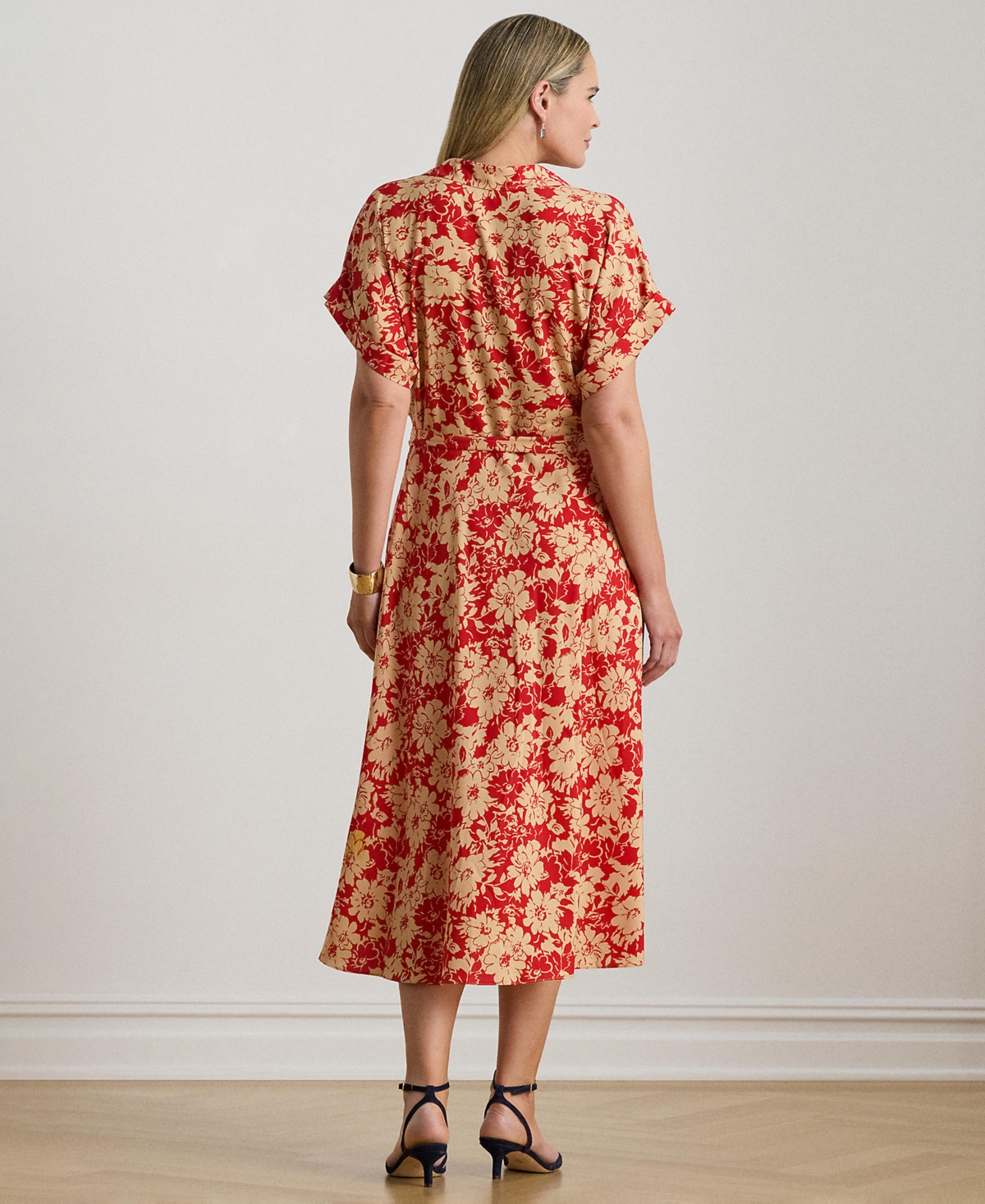 Lauren Ralph Lauren Plus Size Floral Belted Crepe Collared Neck Maxi Dress