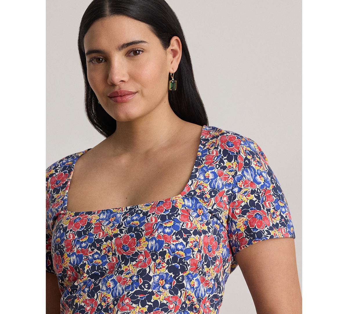Lauren Ralph Plus Floral Cotton Jersey Square Neck Top